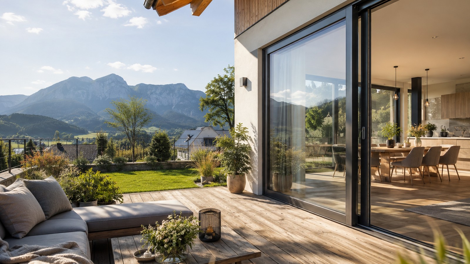 Helle Terrasse mit offenem Wohnbereich